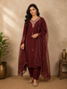Maroon Crepe Straight Cut Salwar Suit for Girls Adorned with Thread work and Flower Design, Paired with Dupatta