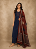 Deep Navy Blue Mirror Embroidered Design Cotton Palazzo Suit with Dupatta