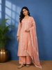 Peach Cotton Straight Cut Salwar Suit for Girls Adorned with Floral Prints and Mirror Work, With Dupatta