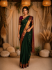 Elegant Bottle Green Butta Zari Woven Design Pure Kanchipuram Silk Saree with Contrast Border
