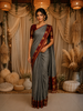 Steel Grey Butta Zari Woven Design Pure Kanchipuram Silk Saree with Contrast Border