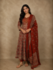 Rust Maroon Floral Printed Design Cotton Anarkali Salwar Suit with Dupatta