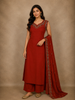 Rich Brick Red Floral and Birds Embroidered Design Cotton Palazzo Suit