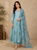 Cyan Blue Leaf Motif Printed Silk Anarkali Salwar Suit With Floral Printed Dupatta