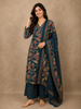 Deep Peacock Teal Blue Floral Printed Design Cotton Salwar Suit with Dupatta