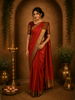 Rust Orange Mini Checked Zari Woven Design Pure Kanchipuram Silk Saree with Contrast Double Zari Border