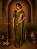 Olive Leaf Green Mini Checked Zari Woven Design Pure Kanchipuram Silk Saree with Contrast Peacock Zari Border