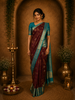 Deep Maroon Wine Floral and Striped Zari Woven Design Pure Kanchipuram Silk Saree with Contrast Zari  Border