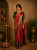 Rich Vermilion Red Geometric Zari Woven Design Pure Kanchipuram Silk Saree with Contrast Zari Border