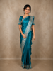 Teal Blue Floral Embellished Design Satin Saree with Heavy Stone Work and Designer Embroidered Border