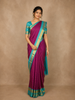 Purple Checks Woven Pure Kanchipuram Silk Saree with Contrast Aqua Blue Zari Border