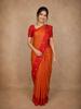 Orange Checks Woven Pure Kanchipuram Silk Saree with Contrast Zari Border