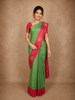 Parrot Green Checked Zari Woven Design Pure Kanchipuram Silk Saree with Contrast Red Border