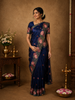 Deep Midnight Navy Blue Floral Thread Embroidered Design Pure Tussar Saree with Floral Border