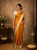 Rich Marigold Mustard Yellow Peacock Butta Zari Woven Design Pure Kanchipuram Silk Saree with Contrast Ivory Zari Border