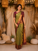 Olive Green Floral Woven Design Pure Kanchipuram Silk Saree with Contrast Woven Border