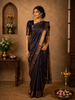 Deep Royal Navy Blue Floral Brocade Zari Woven Design Pure Kanchipuram Silk Saree with Zari Border