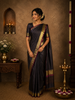 Deep Midnight Navy Blue Small Butta Zari Woven Design Pure Kanchipuram Silk Saree with Gold Zari Accents Crimson Red Edge Border