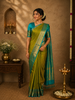 Dual-Tone Lime Parrot Green Striped and Butta Zari Woven Design Pure Kanchipuram Silk Saree with Contrast Floral Zari Border