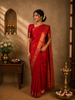 Vibrant Vermilion Red Butta Zari Woven Design Pure Kanchipuram Silk Saree with Peacock Zari Border