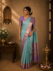 Soft Aqua Blue Stripes and Elephant Butta Zari Woven Design Pure Kanchipuram Silk Saree with Contrast Border