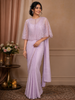 Lavender Chiffon Ready to Wear Saree with Plain Body Paired with Designer Blouse and Overcoat