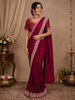 Burgundy Satin Crepe Saree with Sequins and Beads Embellished Border paired with Designer Blouse