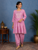 Pink Cotton Salwar Suit Adorned With Floral Designs, with 3/4 Sleeve and Dhoti Pants
