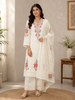 Off White Straight Cut Salwar Suit for Women Adorned with Thread Work Embroidery, paired with Dupatta