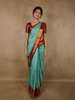 Aqua Blue Checked Zari Woven Design Pure Kanchipuram Silk Saree with Contrast Border