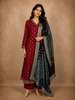 Rich Maroon Floral Butta Woven Design Banarasi Anarkali Salwar suit with Contrast Dupatta
