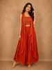 Burnt Vermilion Orange Abstract Embroidered Design Georgette Palazzo Suit with Long Coat