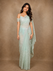 Pastel Mint Green Floral Thread Embroidered Design Net Designer Saree with Designer Border