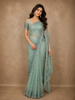 Soft Seafoam Green Geometric Sequins Embroidered Design Net Designer Saree with Floral Border