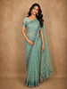 Turquoise Blue Geometric Sequins Embroidered Design Net Designer Saree with Floral Border