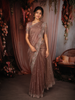 Rosewood Brown Butta Sequins and Beads Embroidered Design Organza Fancy Saree with Scalloped Border