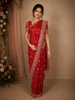 Rich Vermilion Red Diagonal Floral Embroidered Design Satin Designer Saree with Sequins Border