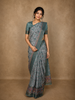 Soft Ash Grey and Olive Green Floral Printed Design Semi Tussar Saree