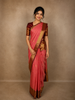 Coral Pink Mini checked and Butta Zari Woven Design Pure Kanchipuram Silk Saree with Contrast  Peacock Zari Border