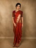 Vibrant Vermilion Orange Mini checked and Butta Zari Woven Design Pure Kanchipuram Silk Saree with Contrast  Peacock Zari Border