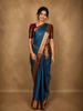Deep Teal Blue Mini checked and Butta Zari Woven Design Pure Kanchipuram Silk Saree with Contrast  Peacock Zari Border