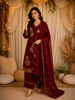 Deep Maroon Floral Thread Embroidered Design Cotton Salwar Suit with Dupatta