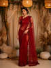 Deep Ruby Red Floral Sequins and Beads Embroidered Design Net Designer Saree with Scalloped Border