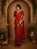 Rich Vermilion Red Mini Checked Zari Woven Design Pure Kanchipuram Silk Saree with Contrast Double Zari Border