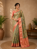 Green Pure Kanchipuram Bridal Silk Saree with Floral Motif on the body and Contrast Zari Border
