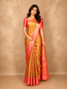 Gold and Pink Abstract Woven Design Pure Kanchipuram Silk Saree with Contrast Pink Border