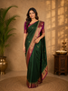 Dark Green Floral Woven Pure Kanchipuram Silk Saree with Contrast Pink Zari Border
