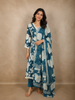 Teal Blue Floral Printed Design Cotton Anarkali Salwar Suit with Dupatta