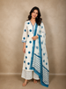 White and Teal Blue Geometric Printed Design Cotton Straight Salwar Suit with Dupatta