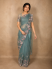 Muted Dusty Teal Blue Floral Sequins and Beads Embroidered Design Net Designer Saree